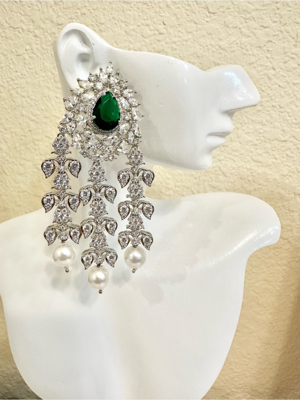 3.5” Rhodium Plated Emerald Green w/ AAA CZ’s and Dangling Pearls - High-End